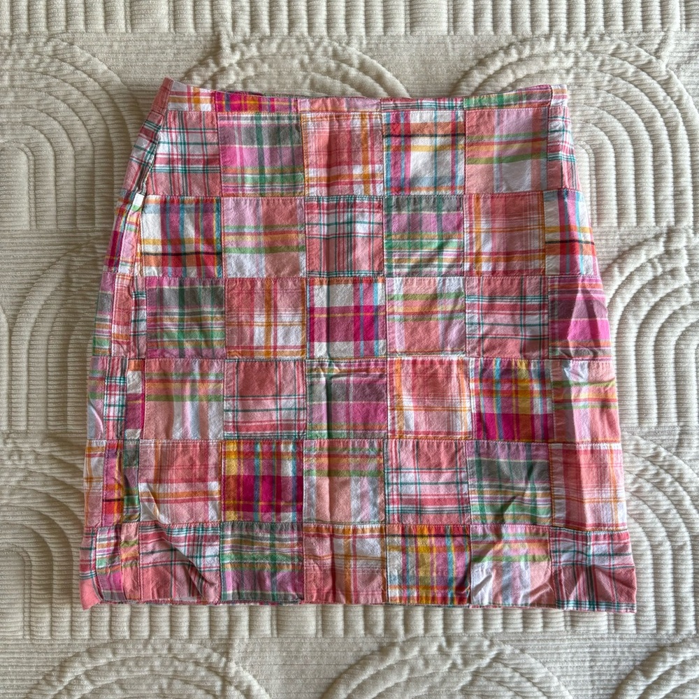 Pink cotton quilted plaid midi pencil skirt